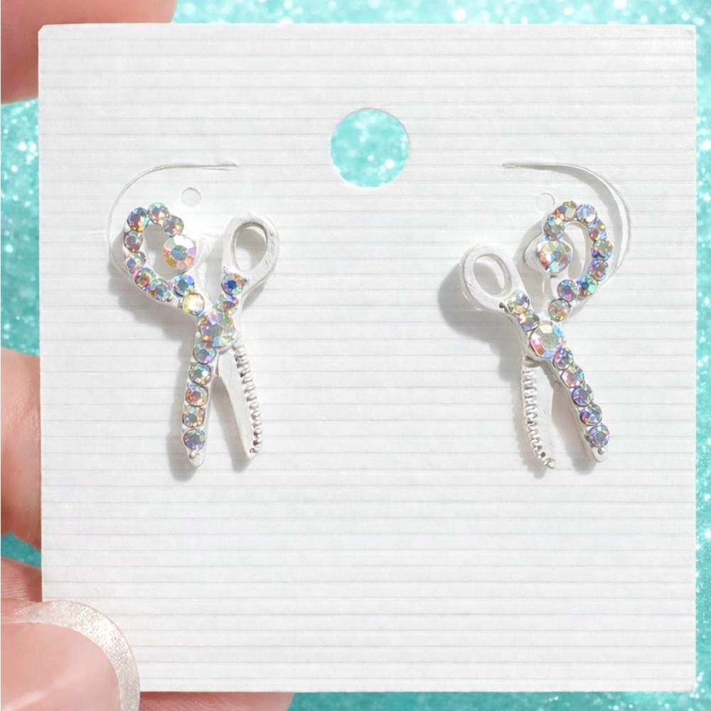 Scissor Earrings White Enamel and Iridescent Rhinestone